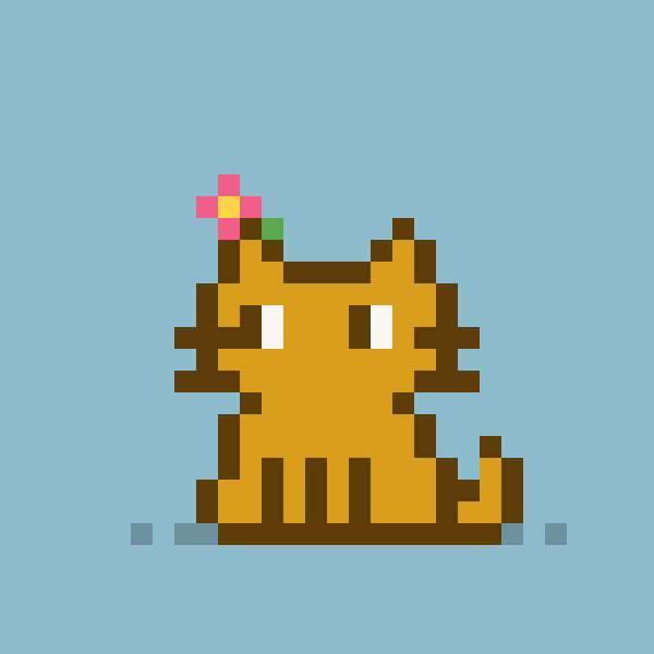 A pixel art illustration of a brown cat with white eyes, a striped tail, and a small pink and yellow flower on its head, set against a solid light blue background.