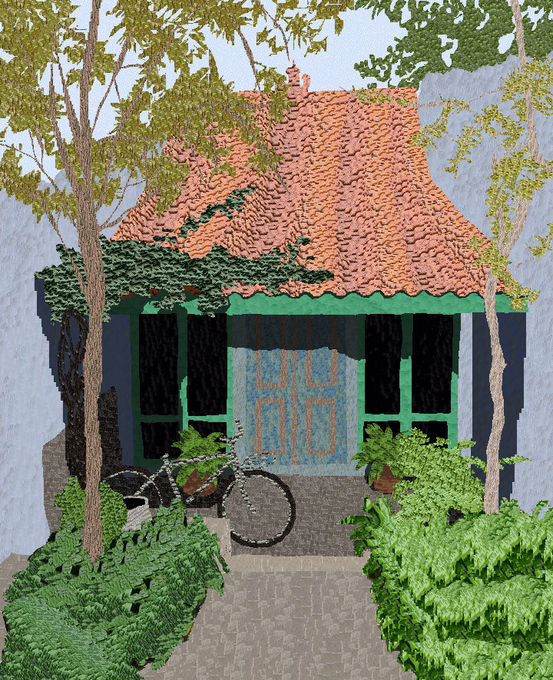 A textured digital artwork or embroidery depicting a quaint house with an orange tiled roof, green trim, a blue door, and a bicycle parked in front, surrounded by lush greenery.