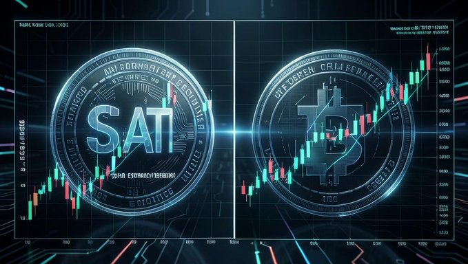 A stylized graphic displays two glowing cryptocurrency coins labeled "SAT" and another resembling a Bitcoin symbol, overlaid on a candlestick chart against a dark blue digital background.