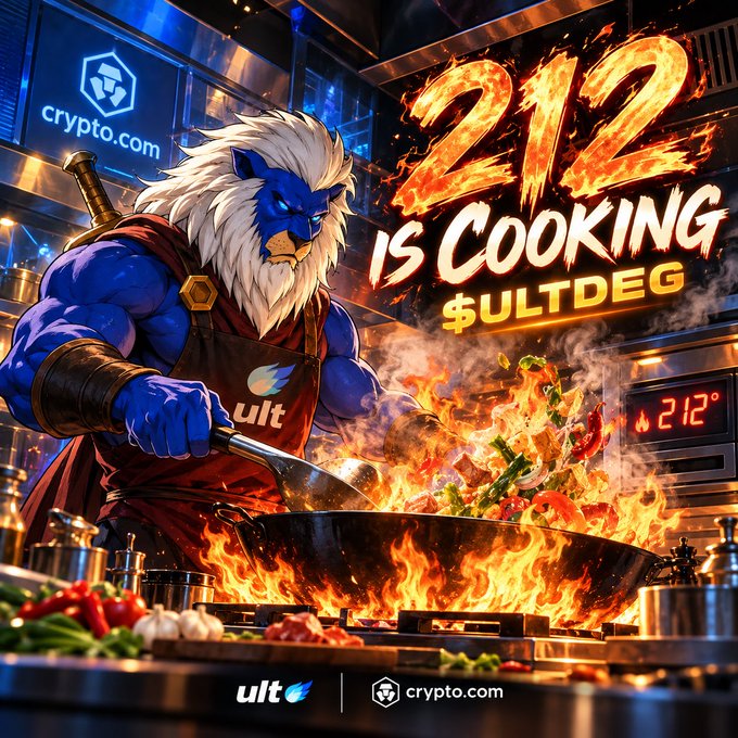 A vibrant digital illustration of a blue, lion-like warrior cooking over a flaming wok with the text '212 IS COOKING $ULTDEG' and 'crypto.com' branding.