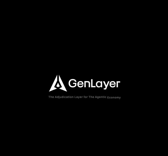 The image displays the GenLayer logo with the tagline "The Adjudication Layer for The Agentic Economy" against a black background, visually branding the company referenced in the post about their CEO's experience with a $1 million court case cost related to recovering lost funds.