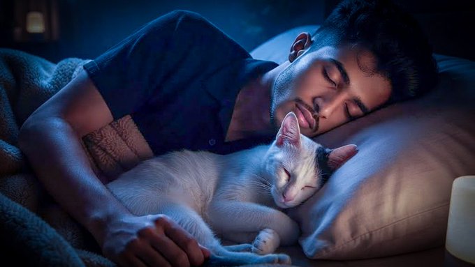 Warm, dimly-lit photo of a young man sleeping peacefully while cuddling a white and grey cat in bed, both resting on a pillow under blue-toned lighting.