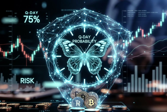 The image features a butterfly clock with a blue background, surrounded by various coins including Bitcoins. The butterfly clock has a Q-day probability displayed at the top of its wings. The text "Institutions are paying attention" is also present on the image. The butterflies and coins in the image suggest that there might be a connection to cryptocurrency or digital assets. The post mentions that CTO highlighted at the BitGo's High Roller Summit: Q-day risk is low now but jumps significantly by 2027-202008, which could indicate an upcoming event related to cryptocurrency or blockchain technology.