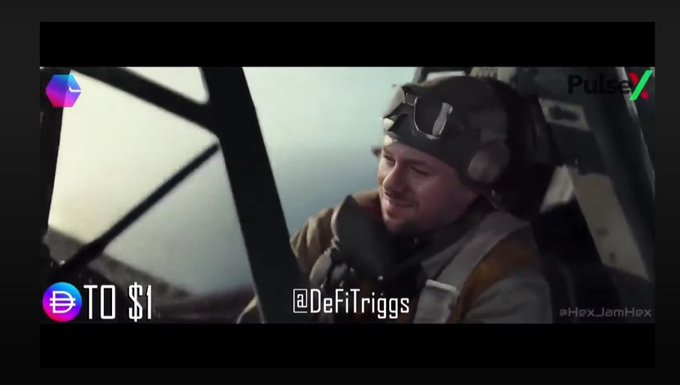A meme-style image shows a man in a pilot's helmet inside a cockpit with the text 'TO $1' alongside a crypto logo and the handle '@DeFiTriggs' by @Hex_JemHex.