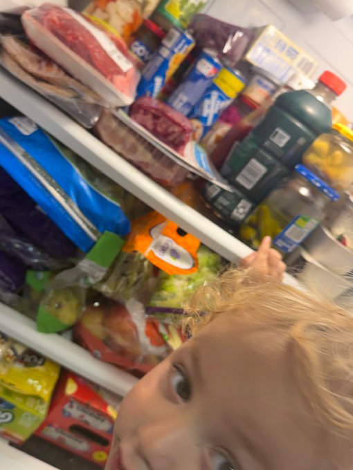 A young child with blonde hair takes a selfie in front of an open refrigerator stocked with various packaged foods, including a bottle of lemonade and jars of pickles.