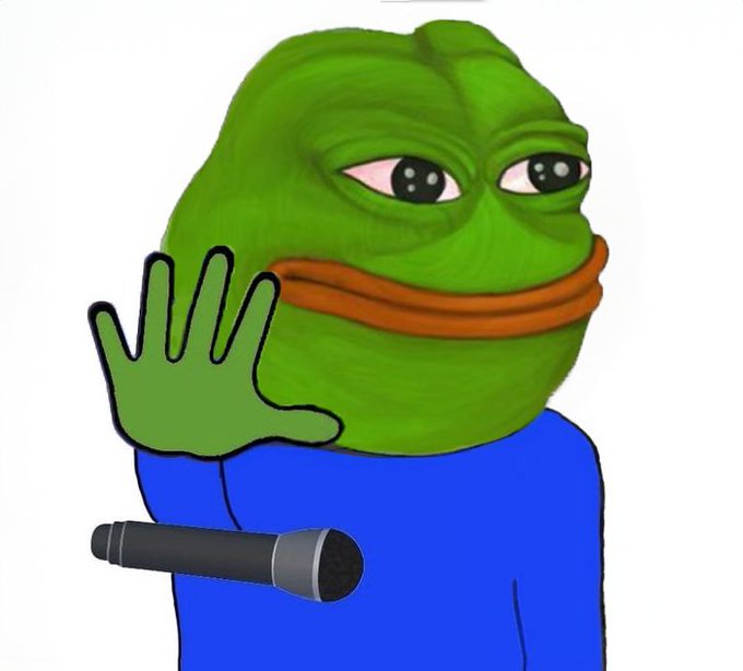 A green Pepe the Frog wearing a blue shirt holds up one hand in a greeting, with a microphone visible in the foreground. The image illustrates the post's claim about Pepecoin being the original, with Pepe serving as the iconic mascot that embodies this idea of authenticity and "originality."