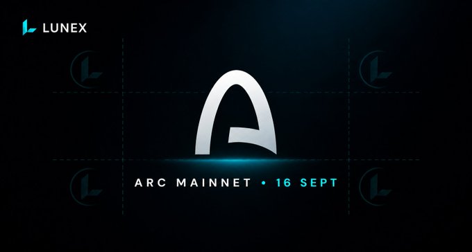 A dark promotional banner for 'LUNEX' announcing 'ARC MAINNET • 16 SEPT' alongside a large stylized 'A' logo.