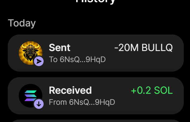 A cryptocurrency wallet transaction history displays a completed exchange showing "-20M BULLQ" sent and "+0.2 SOL" received to/from address 6NsQ...9HqD, confirming the successful purchase of 20 million BULLQ tokens for 0.2 SOL as referenced in the accompanying presale transaction post.