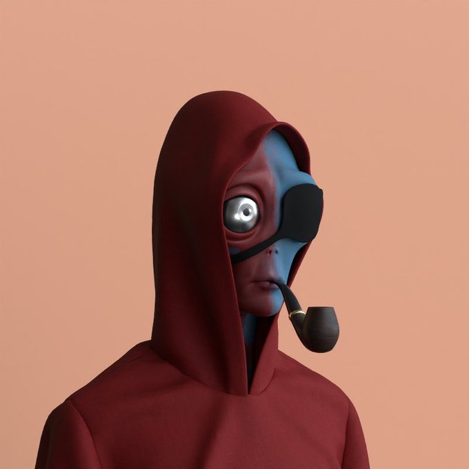 A 3D rendered figure in a maroon hooded robe wearing a mask and smoking a wooden pipe.