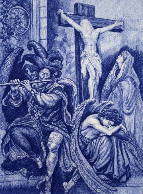 A detailed blue-pencil drawing depicting the crucifixion of Jesus, with a horned figure playing a flute, a kneeling angel, and the Virgin Mary.