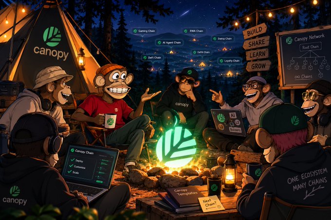 A vibrant nighttime illustration shows monkey characters gathered around a glowing campfire under a starry sky, with a "Canopy" branded tent, laptops displaying "Canopy Chain" interfaces, and a chalkboard reading "Canopy Network - Root Chain - ∞ Chains." Signs labeled "BUILD, SHARE, LEARN, GROW" reinforce the post's theme of community-driven collaboration, where the central glowing "Canopy" logo and messages like "One Ecosystem, Many Chains" and "Canopy Templates" symbolize the shared knowledge and builder culture mentioned in the caption.