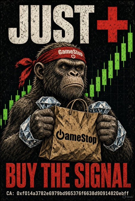 Crypto meme poster featuring an ape wearing a GameStop headband holding diamonds and a GameStop shopping bag, with text "JUST+", "BUY THE SIGNAL", and contract address 0xf014a3782e6979bd96576f6638d90914820ebff.