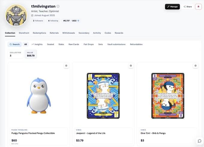 Screenshot of a Collectr profile for user 'tlmlivingston' (Artist, Teacher, Optimist) showing a collection of 3 items valued at $66.79, including a Putgy Penguins Flocked Pengu Collectible for $60, a 'Jeepers! - Legend of the Lils' Vibes card for $3.79, and a 'Give 'Em! - Birds & Pengu' Vibes card for $3.
