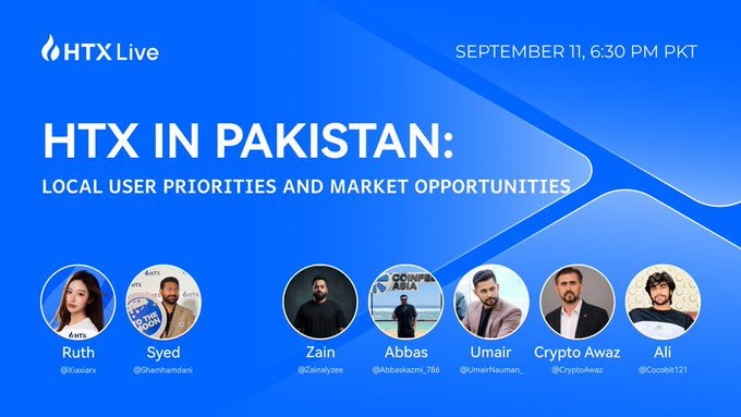A promotional graphic for an HTX Live AMA event titled "HTX IN PAKISTAN: LOCAL USER PRIORITIES AND MARKET OPPORTUNITIES," scheduled for September 11 at 6:30 PM PKT. The image features headshots and names of six speakers—Ruth, Syed, Zain, Abbas, Umair, and Crypto Awaz (Ali)—corresponding to the guest lineup announced in the accompanying post inviting the Pakistan community to join the discussion.