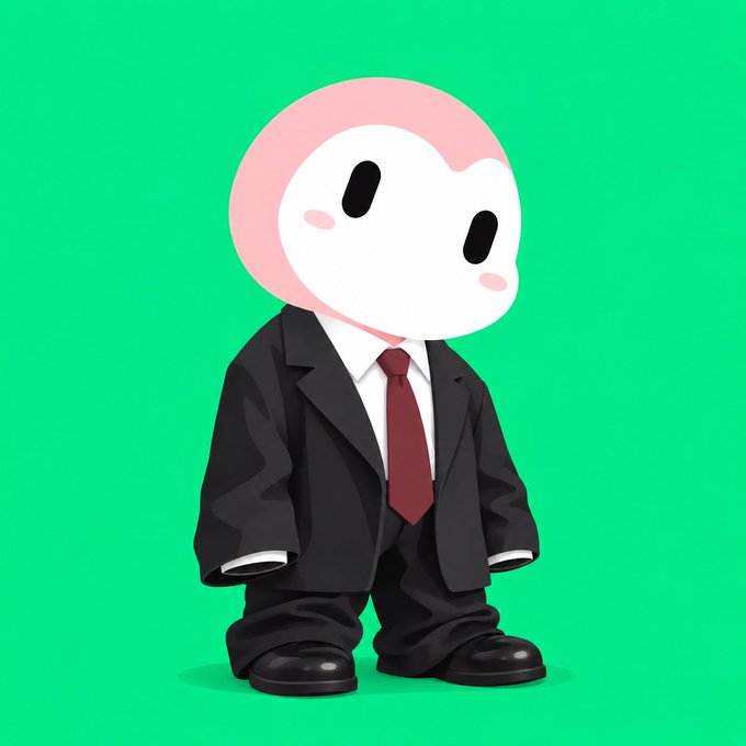 A cartoon character with a pink and white skull-like head wearing an oversized black suit and red tie against a green background.