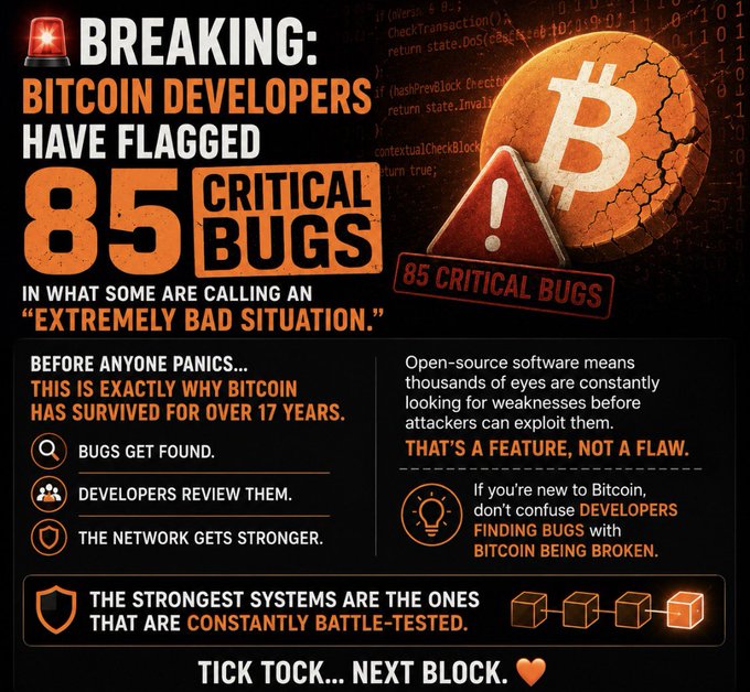 An infographic stating "BREAKING: BITCOIN DEVELOPERS HAVE FLAGGED 85 CRITICAL BUGS," explaining that open-source scrutiny strengthens the network and is a feature, not a flaw.