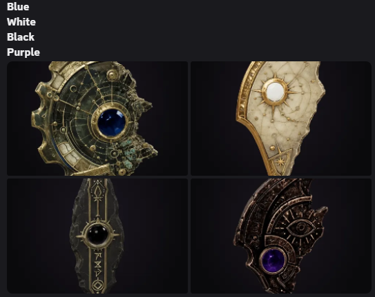 Four decorative fantasy artifacts are displayed in a grid against a dark background, featuring ornate metalwork and gemstones labeled 'Blue, White, Black, Purple' in the top left corner.