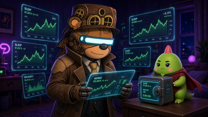 A digital illustration shows a steampunk-style bear character wearing a top hat and suit, holding a tablet displaying a 'SEIRED' stock chart, surrounded by floating SLEEP and SECURITY graphs, alongside a small green dinosaur-like creature in a cape.