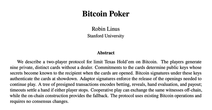 The image is the title page of a research paper titled “Bitcoin Poker” by Robin Linus of Stanford University. The abstract describes a two-player protocol for limit Texas Hold’em on Bitcoin using private cards, adaptor signatures, and on-chain commitments without a dealer or changes to Bitcoin consensus.