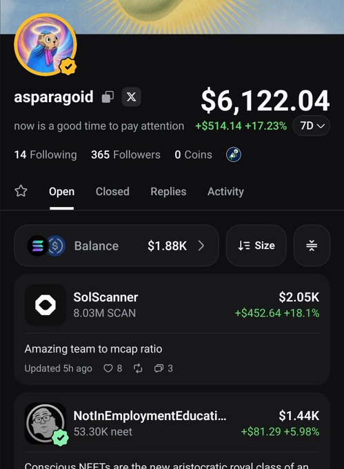 A screenshot of a cryptocurrency trading portfolio on a mobile app showing the user 'asparagoid' with a total balance of $6,122.04, displaying holdings like SolScanner ($2.05K) and NotInEmploymentEducation ($1.44K).