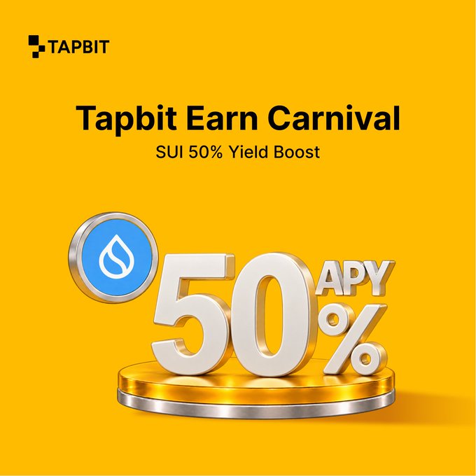 A bright yellow promotional graphic for 'TAPBIT' advertising a 'Tapbit Earn Carnival' with a 'SUI 50% Yield Boost', featuring a large 3D '50% APY' design on a podium alongside a blue SUI coin icon.