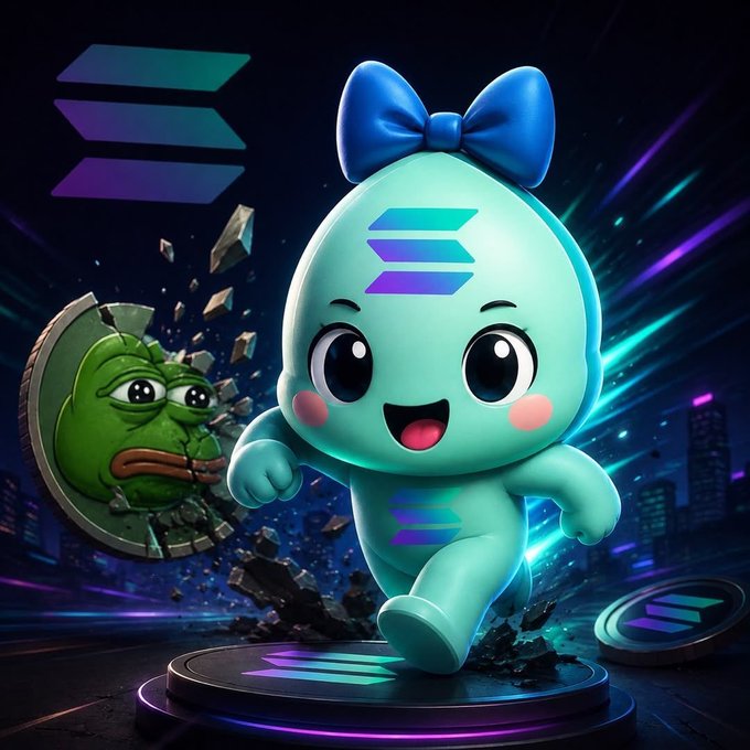 A 3D-rendered teal character with a blue bow on its head runs forward against a dynamic, colorful background featuring a Solana logo.