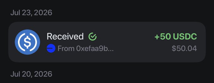 A screenshot of a digital wallet or transaction record showing a 'Received' status from 'Oxefaa9b...' with a green checkmark, indicating an amount of '+50 USDC' and '$50.04' on a date of Jul 23, 2026.