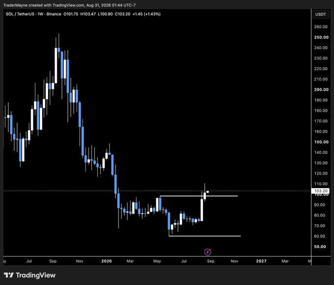 A TradingView weekly candlestick chart of SOL/TetherUS on Binance shows the cryptocurrency's price declining from a peak near $250 in late 2025 to around $103.20 by August 31, 2026, with horizontal support levels marked near $60 and $100. The image illustrates the steep bearish trend mentioned in the post about $SOL, highlighting its multi-month downtrend and recent consolidation.