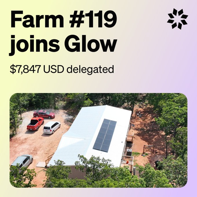 The image features a large white building with solar panels installed on its roof. The text "Farm #119" is written above the photo, indicating that this particular farm has joined the protocol for joining the glow community. The image also shows an aerial view of the farm and cars parked nearby.