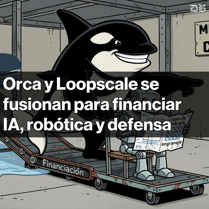 A cartoon image of an orca whale on an assembly line with text in Spanish reading 'Orca y Loopscale se fusionan para financiar IA, robótica y defensa'.
