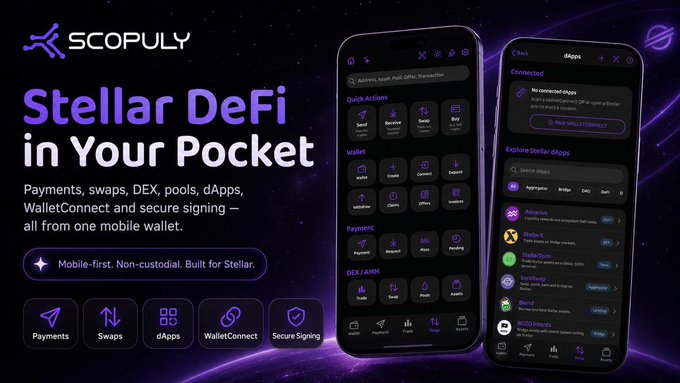 An advertisement for SCOPULY cryptocurrency wallet, titled 'Stellar DeFi in Your Pocket', showing mobile app screenshots for payments, swaps, dApps, WalletConnect, and secure signing.