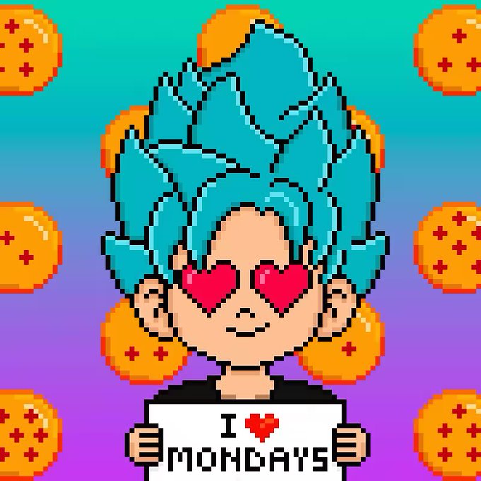 The image features a cartoon character with blue hair wearing sunglasses, holding up a sign that says "I love mondays" against a background of small orange balls. The text "Another Akira Fam receiving the weekly payment And what are you waiting for? With only 1 DragonSol nft you can receive weekly payments in $AKIRA".
