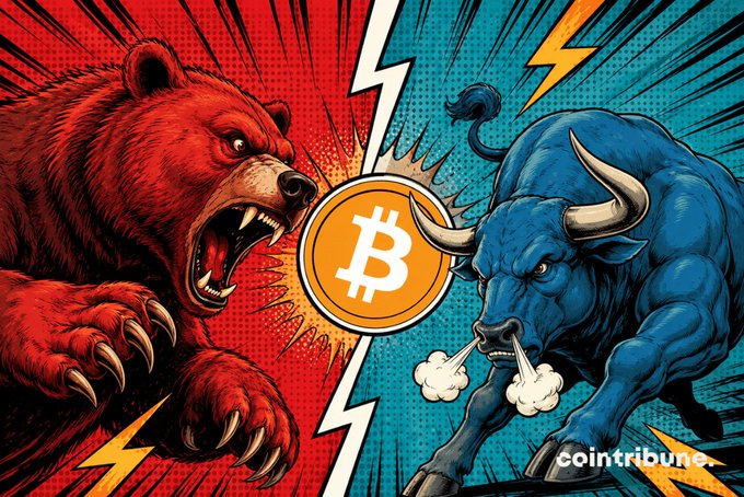A comic-style illustration depicting a red bear and a blue bull facing off with a Bitcoin coin between them, with "cointribune" watermark visible.