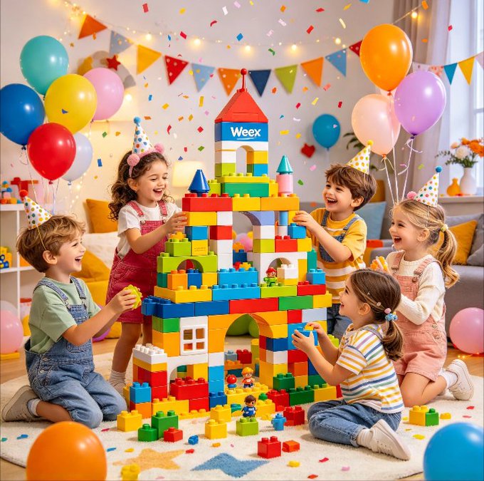 An AI-generated illustration of children playing with a large colorful building block castle at a festive birthday party, with balloons, bunting, and a 'Weex' logo visible on the castle.