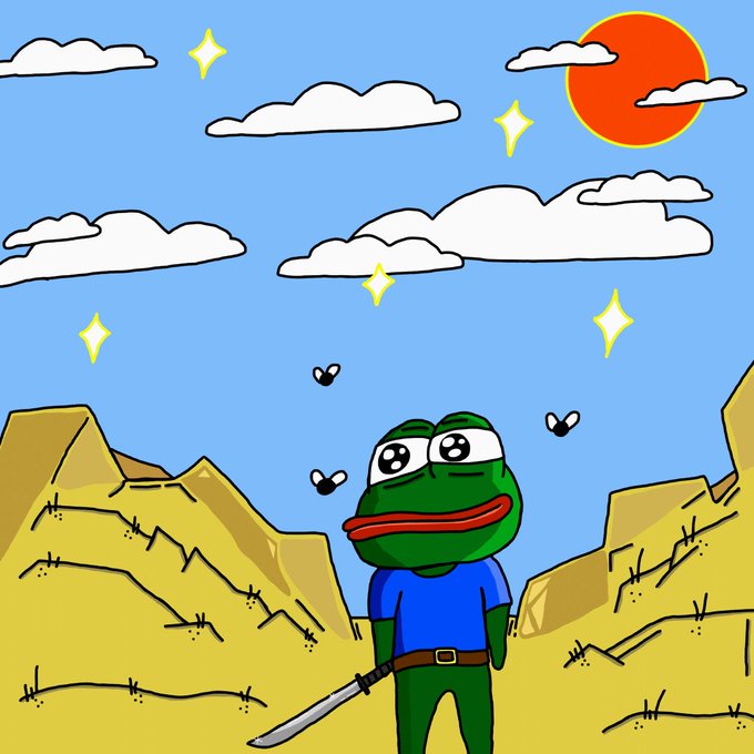 A cartoon illustration of a green frog character (resembling Pepe) with large eyes, wearing a blue shirt and holding a sword, standing in a desert landscape under a blue sky with clouds, a red sun, sparkles, and flies.