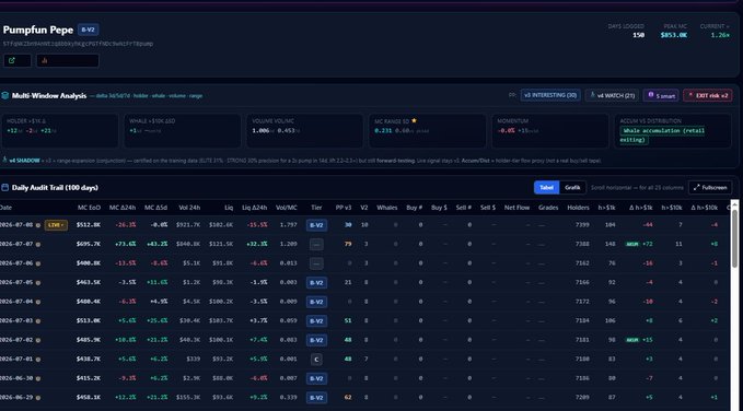 A cryptocurrency analytics dashboard for 'Pumpfun Pepe' token, showing data fields like holders (594), USDC distribution, MC, liquidity, and daily audit trail with metrics such as MC, Vol, MC Δ24h, and PP V3.