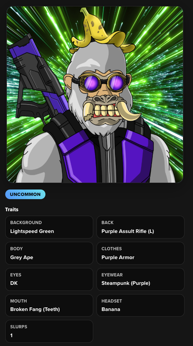 An NFT character card labeled 'UNCOMMON' featuring an ape-like figure with a banana on its head, purple assault rifle, and steampunk purple eyewear, with traits including Lightspeed Green background, Grey Ape body, and Broken Fang teeth.