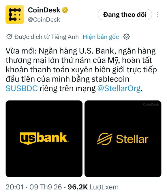 A CoinDesk tweet in Vietnamese announcing that U.S. Bank completed its first cross-border direct payment using its own stablecoin $USBDC on the @StellarOrg network, dated 09 Th9 26 with 96.2K views.