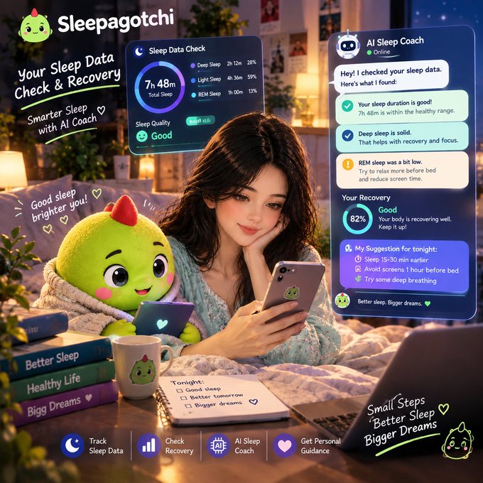 A promotional graphic for 'Sleepagotchi' featuring a girl in bed with a green mascot, displaying a 'Sleep Data Check' dashboard showing 7h 48m of sleep and a chat with an 'AI Sleep Coach'.