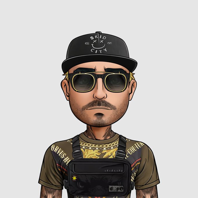 A digital cartoon avatar of a man wearing a black 'SKID CITY' cap, gold-rimmed sunglasses, and a black 'skidcity' chest rig over a patterned t-shirt.