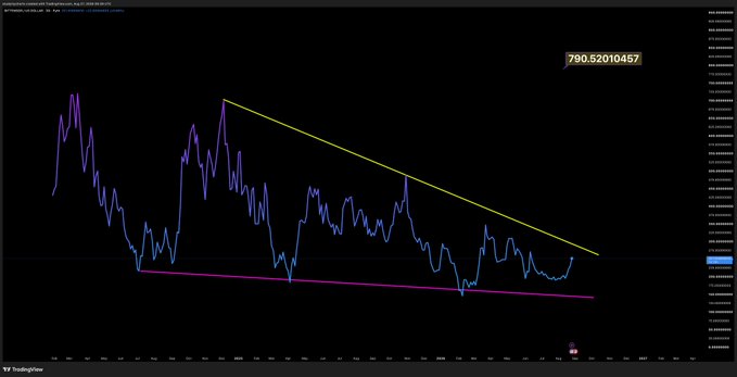 A TradingView chart displays Bittensor (TAOUSDT) showing a descending wedge pattern, with the price currently at 790.52010457, suggesting it looks ready for a potential upward breakout.