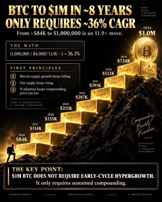 A gold-toned infographic titled "BTC TO $1M IN ~8 YEARS ONLY REQUIRES ~36% CAGR" illustrates a staircase of gold bars from 2026 ($84K) ascending to 2034 ($1.0M), showing Bitcoin's projected ~11.9× move over eight years with the math "(1,000,000 / 84,000)^(1/8) − 1 = 36.3%" and first principles noting falling BTC supply growth and rising fiat supply. The graphic reinforces the accompanying post's argument that reaching $1M BTC only requires sustained compounding (~36% annual growth) rather than early-cycle hypergrowth, visually emphasizing that "Compounding Builds Freedom."
