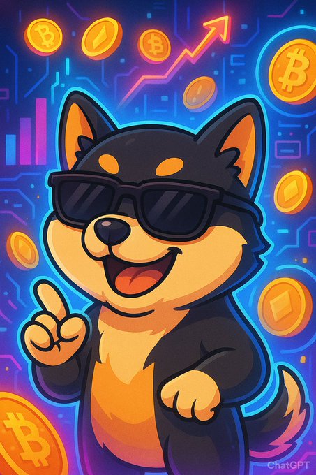 A cartoon Shiba Inu dog wearing sunglasses gives a thumbs-up against a vibrant backdrop of floating Bitcoin and Ethereum coins, candlestick charts, and a rising arrow, perfectly matching the bullish crypto sentiment of the accompanying "#MANYU #SHIB #Crypto" post.