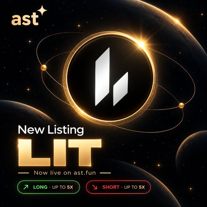A promotional graphic for 'ast' platform featuring a golden logo design with text 'New Listing LIT' and 'Now live on ast.fun', showing trading options 'LONG - UP TO 5X' and 'SHORT - UP TO 5X' against a cosmic planetary background.