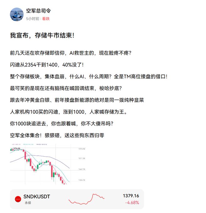 A Chinese-language social media post by user "空军总司令" declares the end of a storage/memory chip bull market, citing a 40% drop in 闪迪 (SanDisk) from 2354 to 1400, and includes a chart showing SNDKUSDT at 1379.16 (-4.68%). The image illustrates the post's theme of premature bearish declarations, showing exactly the kind of panic-selling "the bull market is over" rhetoric that recurs during every market pullback.
