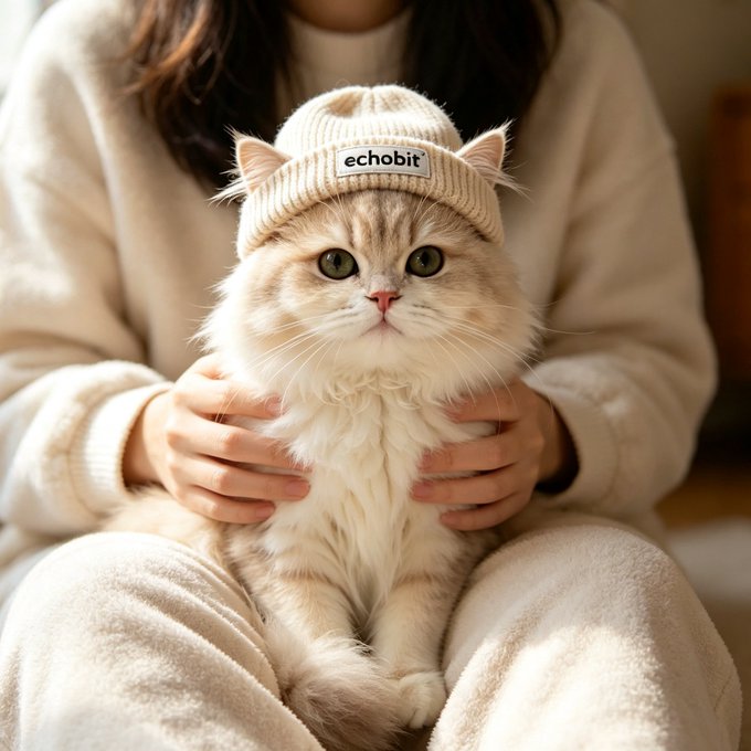 A fluffy cream-colored cat wearing a knit beanie with "echobit" written on the patch sits contentedly in someone's lap, perfectly capturing the cozy charm of a cat-themed crypto post for Cat Day. The beanie's branding ties directly to the "first cat coin" theme, inviting followers to share their earliest cat-inspired token.