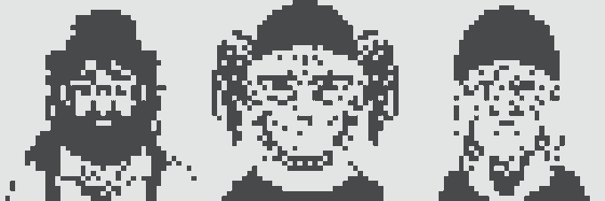 A pixel art image showing three monochrome faces, with the central face smiling and flanked by two darker, more abstract figures.