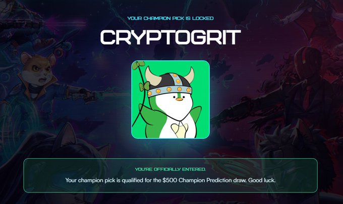 The image displays a screenshot from an online gaming platform called "Cryptogritt", featuring a video game with players competing against each other in the same virtual space, possibly as characters or avatars within the game world itself. The game's description states that it is an "unofficial" event and that your chance to pick your own winner and enter the prize draw begins soon!