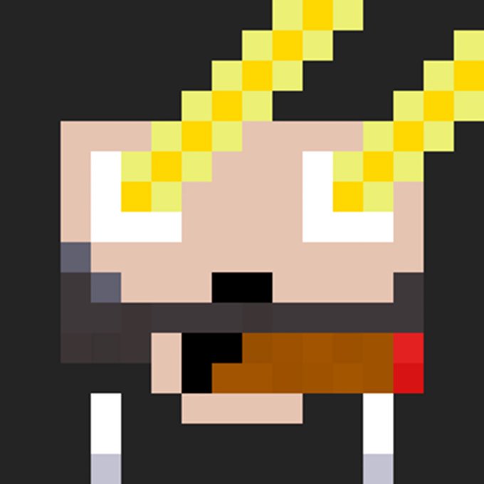 A pixel art illustration of a character with a large rectangular head, bright yellow flame-like hair, white square eyes, and a wide open mouth showing a red tongue.