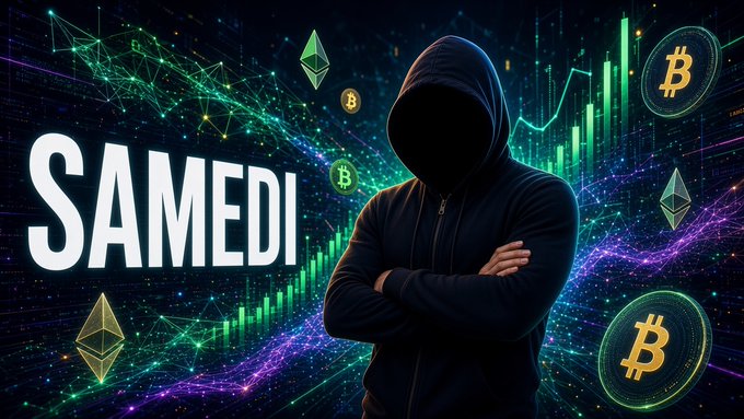 A graphic showing a faceless hooded figure in black against a colorful digital background with cryptocurrency logos, charts, and the French word 'SAMEDI' (Saturday).